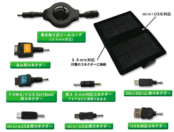 コンパクトソーラーチャージャー 充実のコネクター