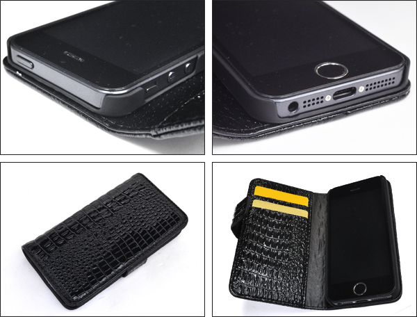 iPhone5、iPhone5s用 クロコダイルレザーデザイン手帳型ケースポーチ