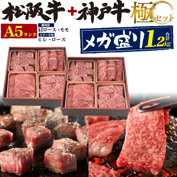 神戸牛+松阪牛のお得なメガ盛りセット！希少で最高に美味しい部位を集めたA5ランク「極4点セット」（600gの2個セット 合計1.2kg） お酒がすすむ！各部位の希少で最高に美味しい部分を集めた、A5ラ